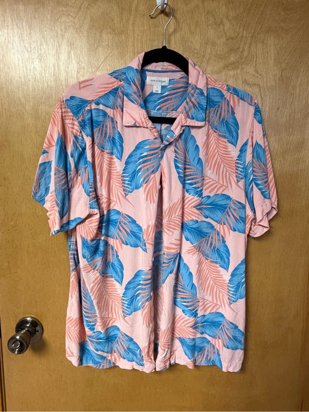 Sun + Stone Pink Shirt with Blue Tropical Leaf Print